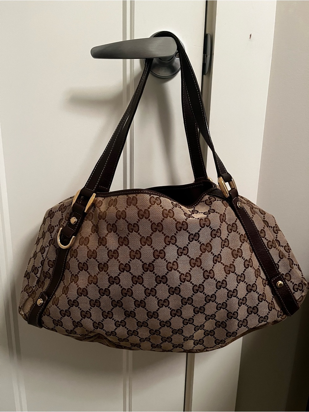 Gucci Beige Brown Monogram Shoulder Bag with Dark Brown Trim